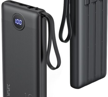 VRURC 10000mAh Power Bank USB C with Built in 4 Cables, Slim Portable Charger with 5 Outputs & 2 Inputs,LED Display External Cell Phone Battery Pack Compatible with iPhone Samsung Android etc- Black