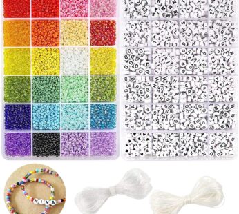 DICOBD 10800pcs 3mm 8/0 Glass Seed Beads Craft Beads Kit and 1200pcs Letter Alphabet Beads for Friendship Bracelets Jewelry Making Necklaces and Key Chains with 2 Rolls of Cord