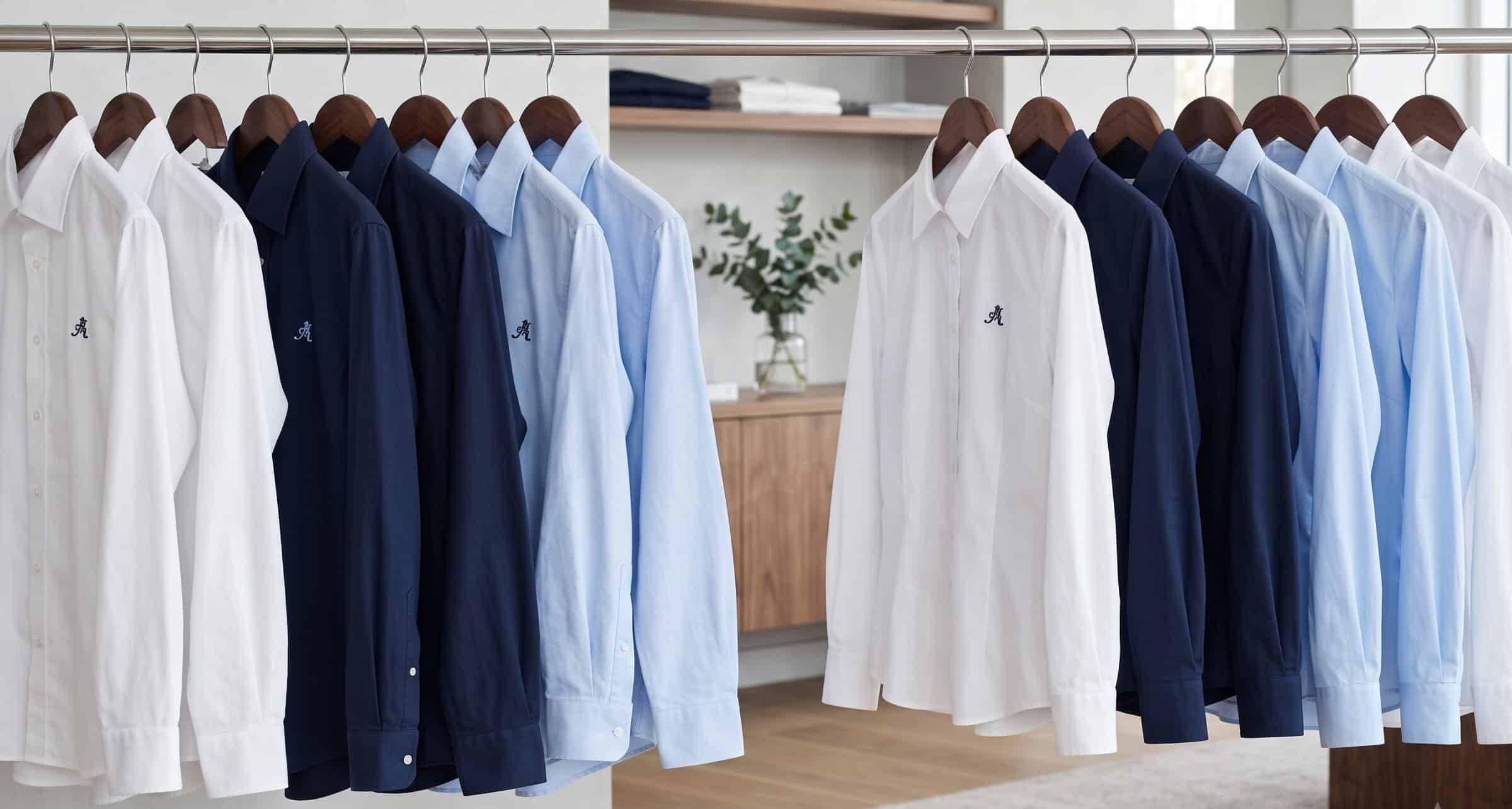 Embroidered business shirts in white and blue on hangers