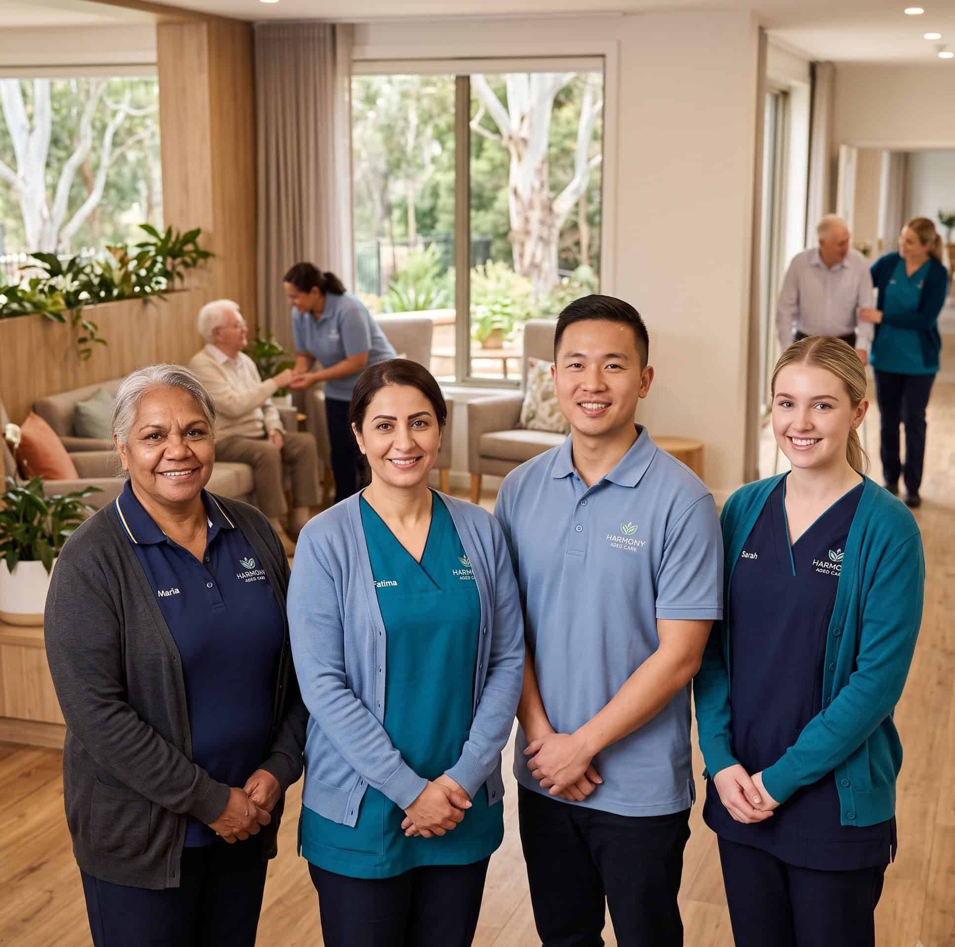 Aged care staff in comfortable branded polos and tunics