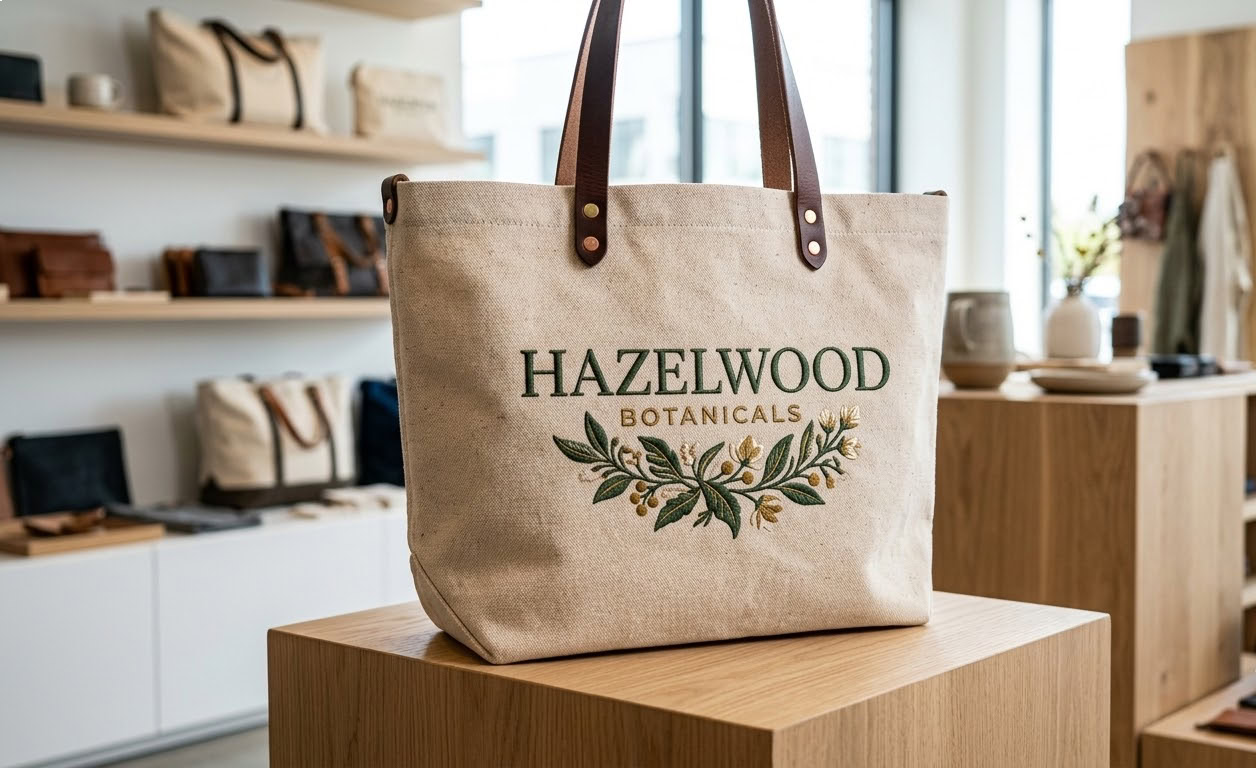 Embroidered logo on a canvas tote bag