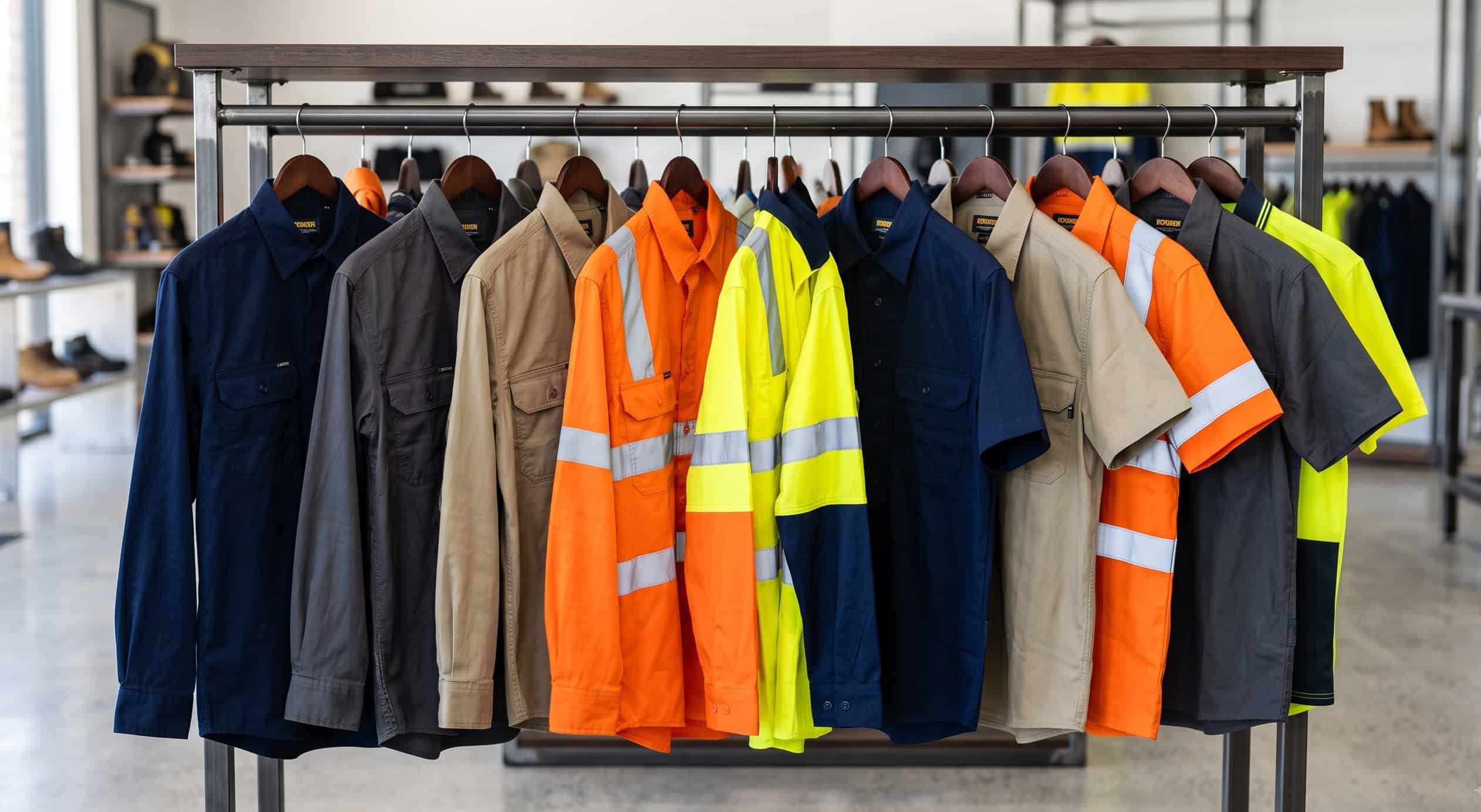 Work shirts from several major Australian workwear brands on a rack