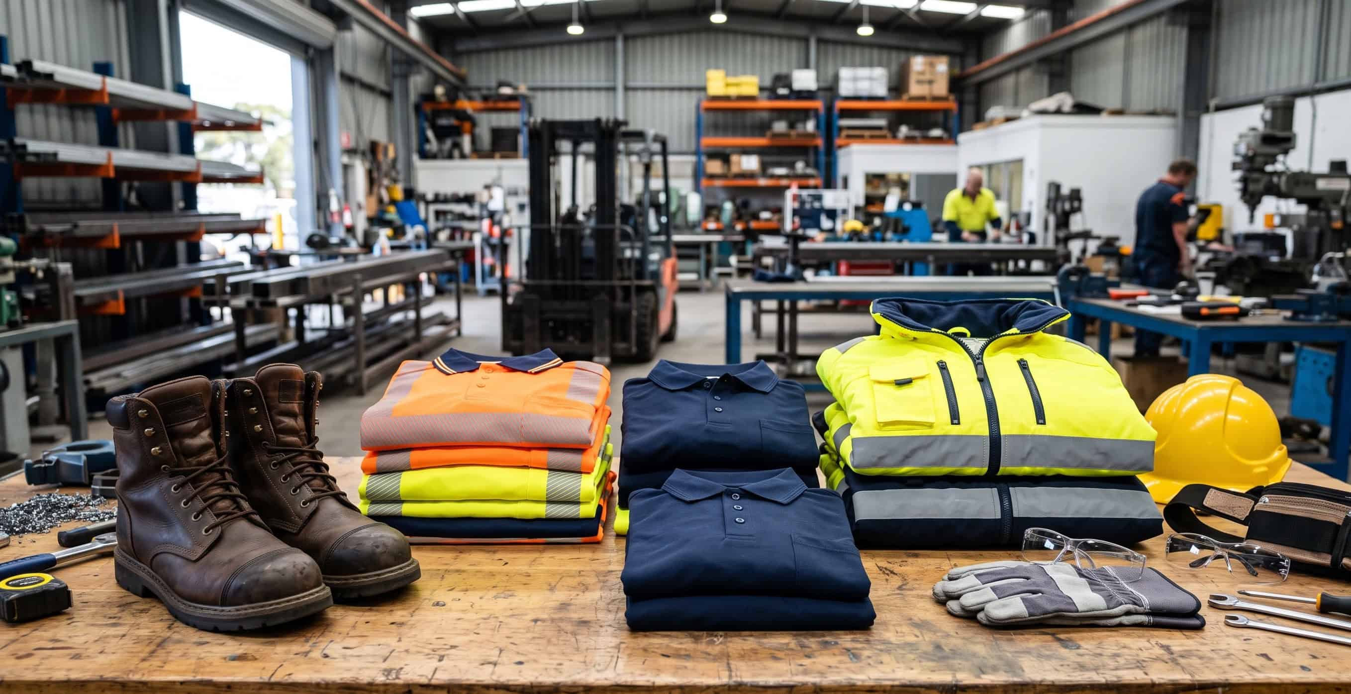 Work boots alongside branded hi-vis and work shirts