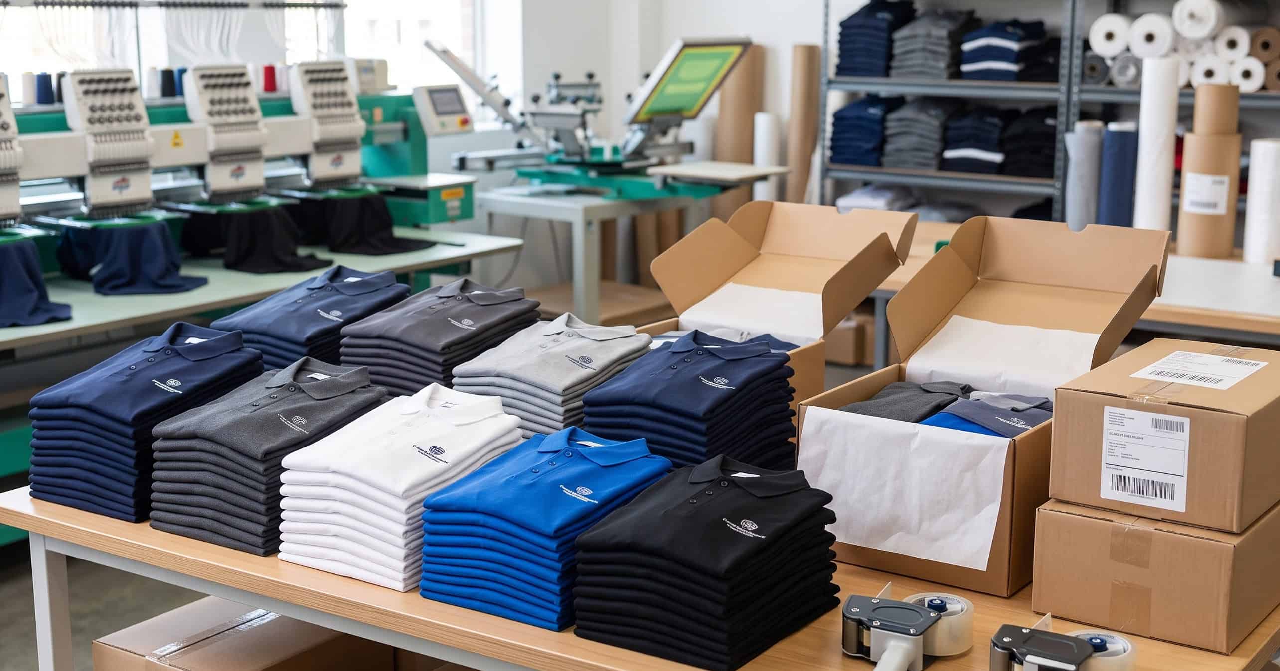 Large run of folded branded shirts boxed and ready to ship