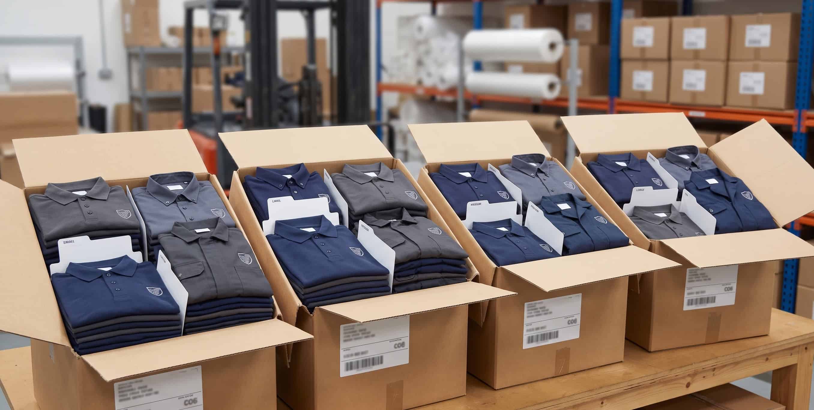 Boxes of branded uniforms sorted by size and location