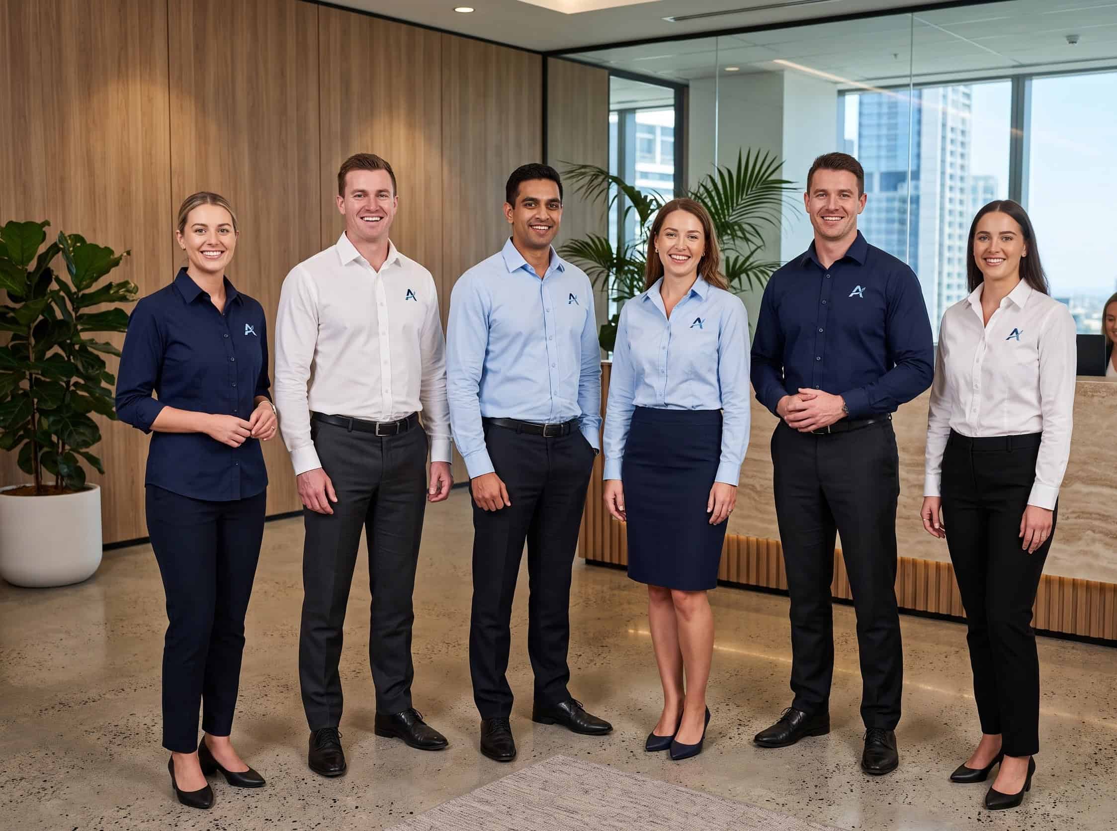 Embroidered business shirts in white and blue on hangers