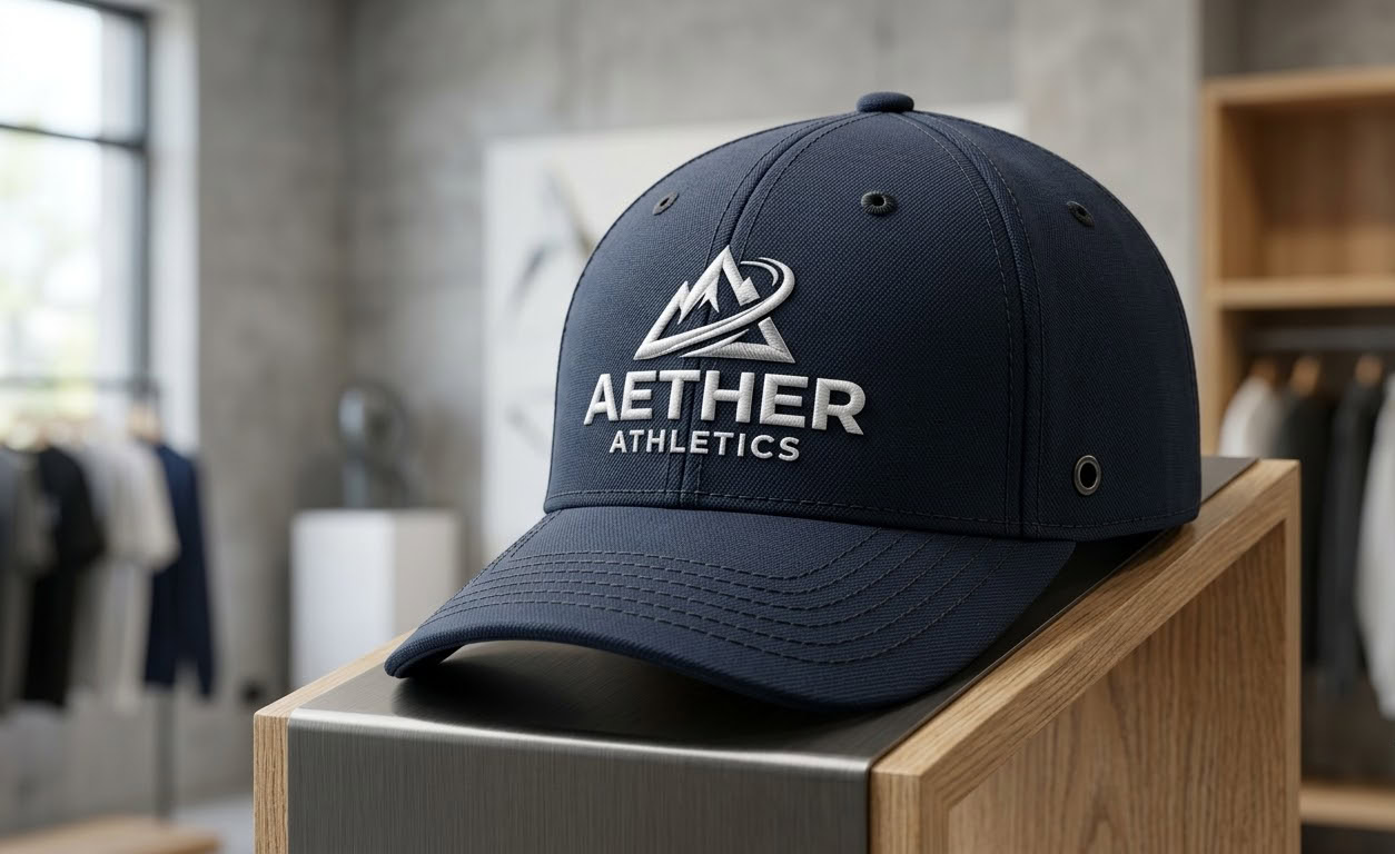 Embroidered logo on the front of a structured cap