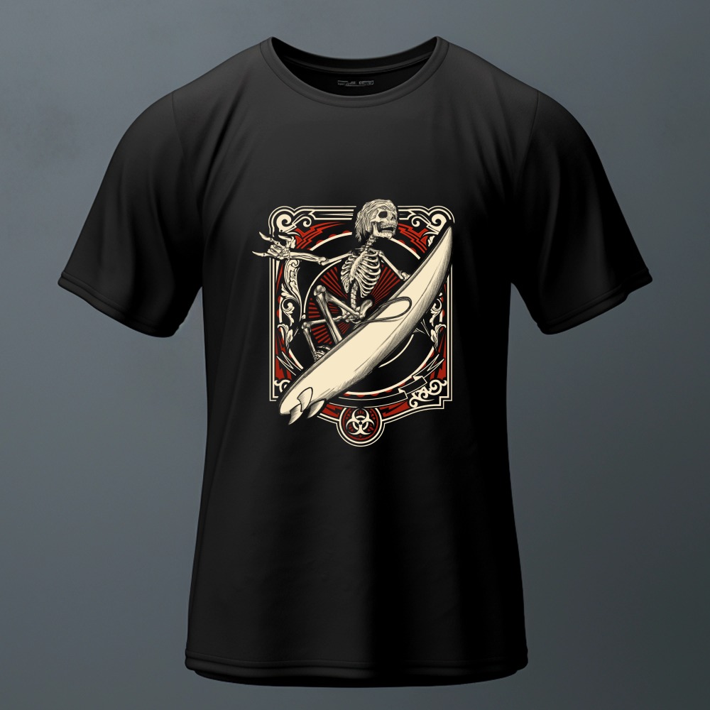 Skeleton Surfer Biohazard Dark Art Graphic T-Shirt — Tees