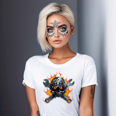 Flaming Skull & Wrenches White T-Shirt — Ladies Tees