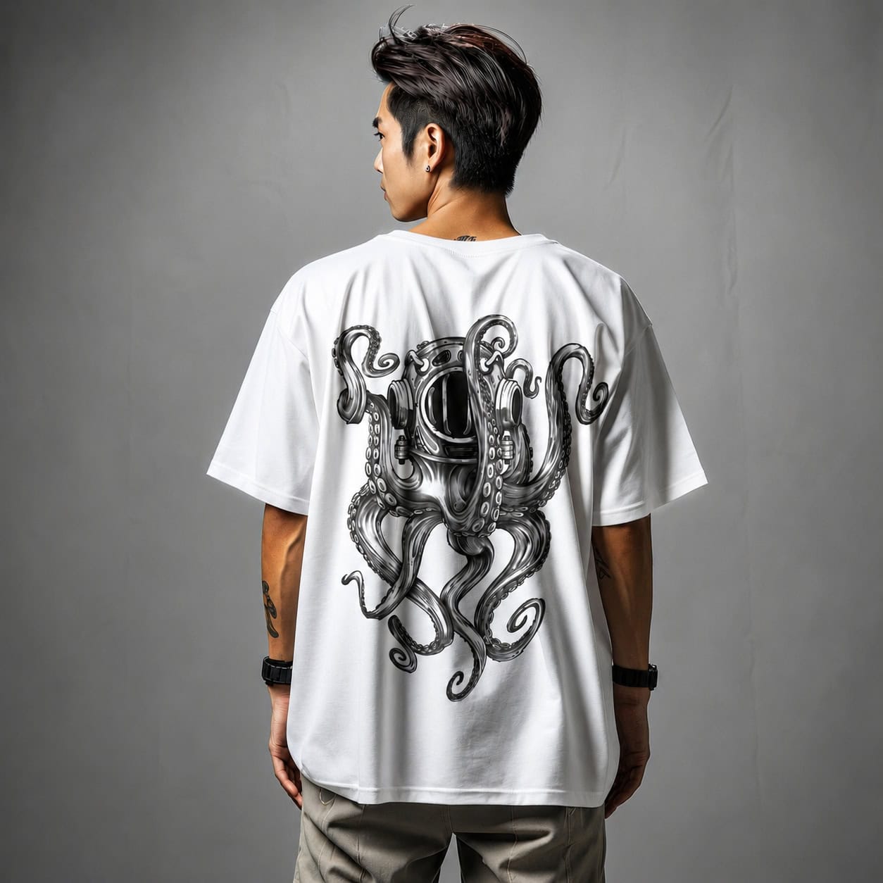 Deep Sea Diver Octopus Back Print Oversized T-Shirt — Tees