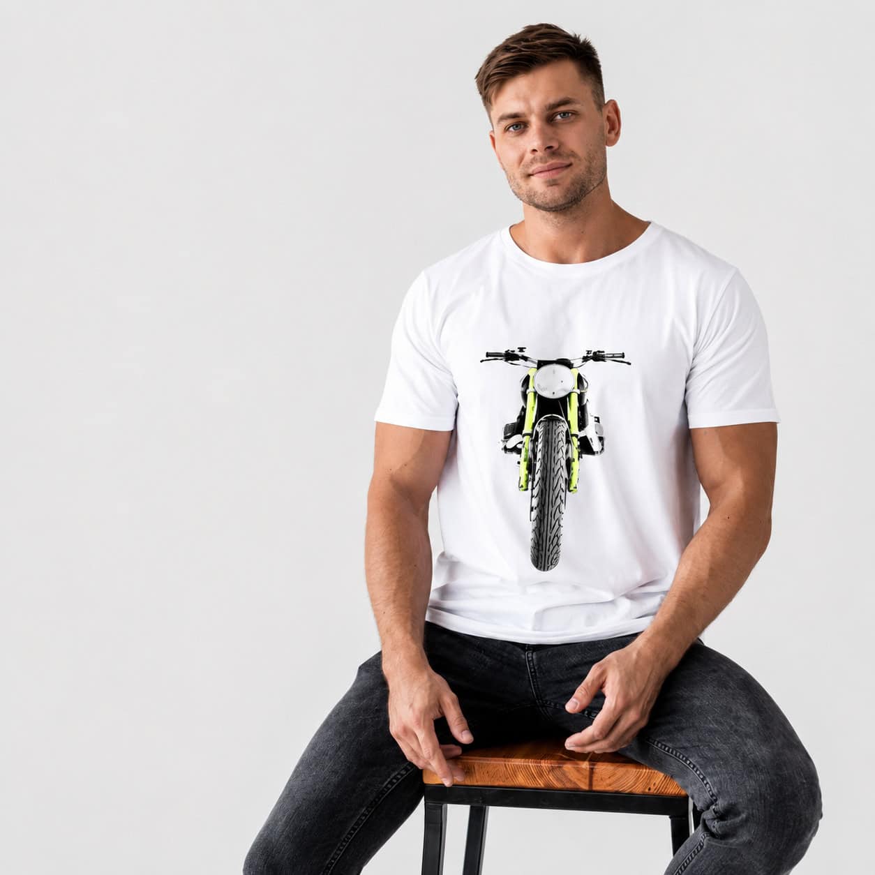 Vintage Motorcycle Front View Graphic Printed White T-Shirt — Tees