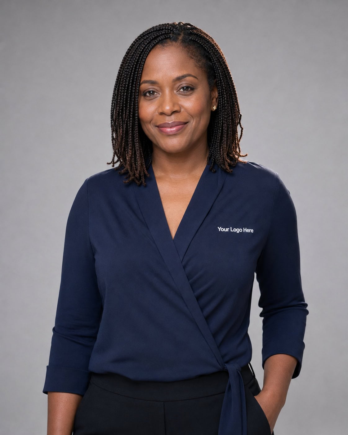 Navy Wrap-Style Corporate Blouse — Blouses
