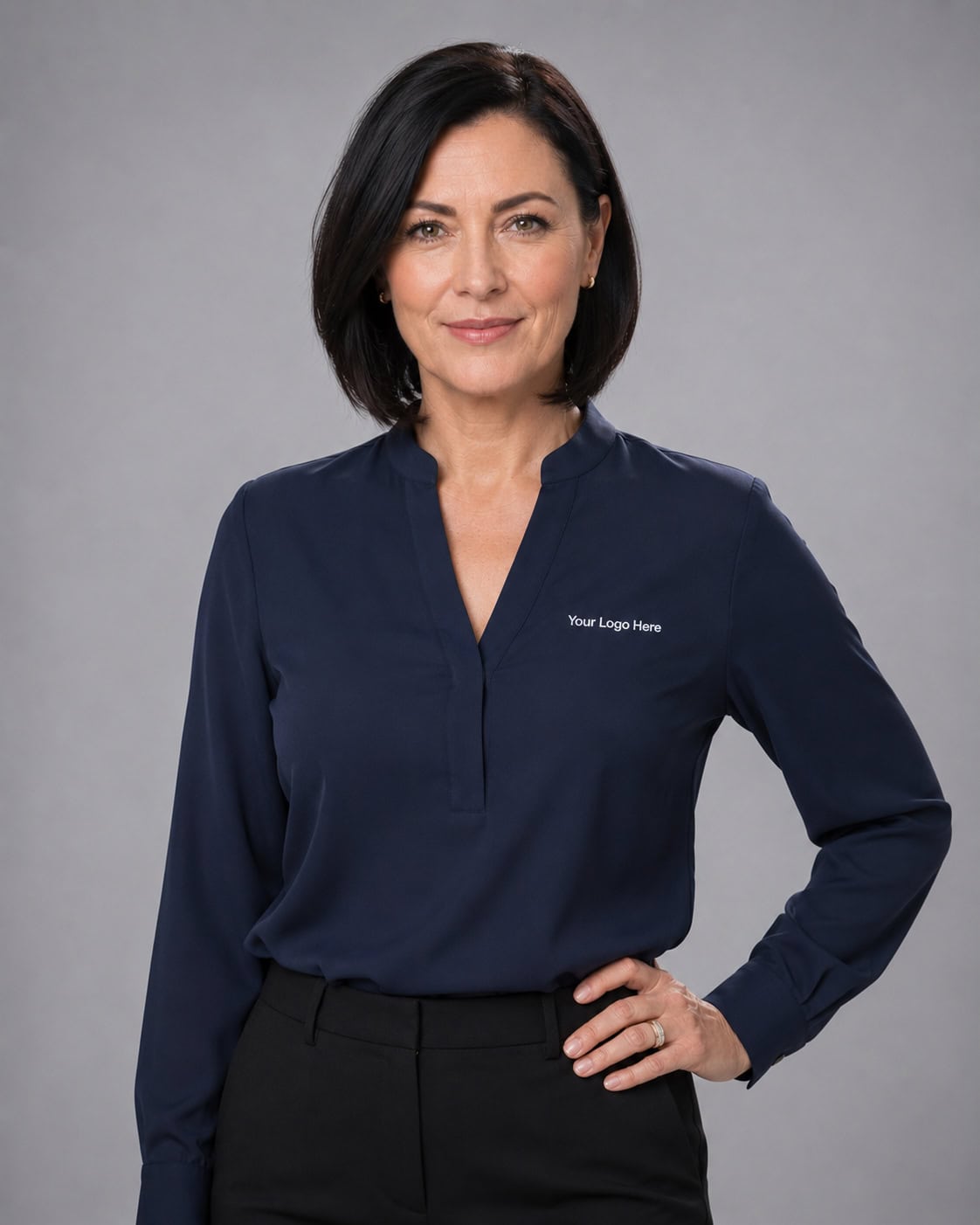 Navy Long-Sleeve Business Blouse — Blouses