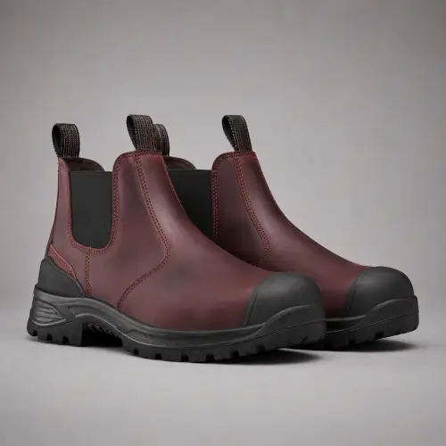 Burgundy Heavy-Duty Chelsea Safety Boots — Slip-on Boots