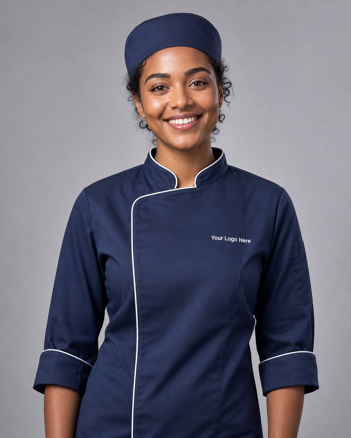 Navy Contrast-Piped Chef Jacket – Women — Chef Wear