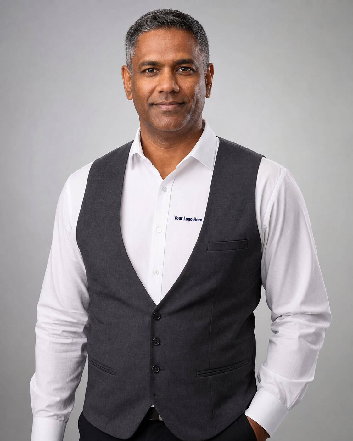 White Shirt with Charcoal Service Vest – Men — Front of House Shirts