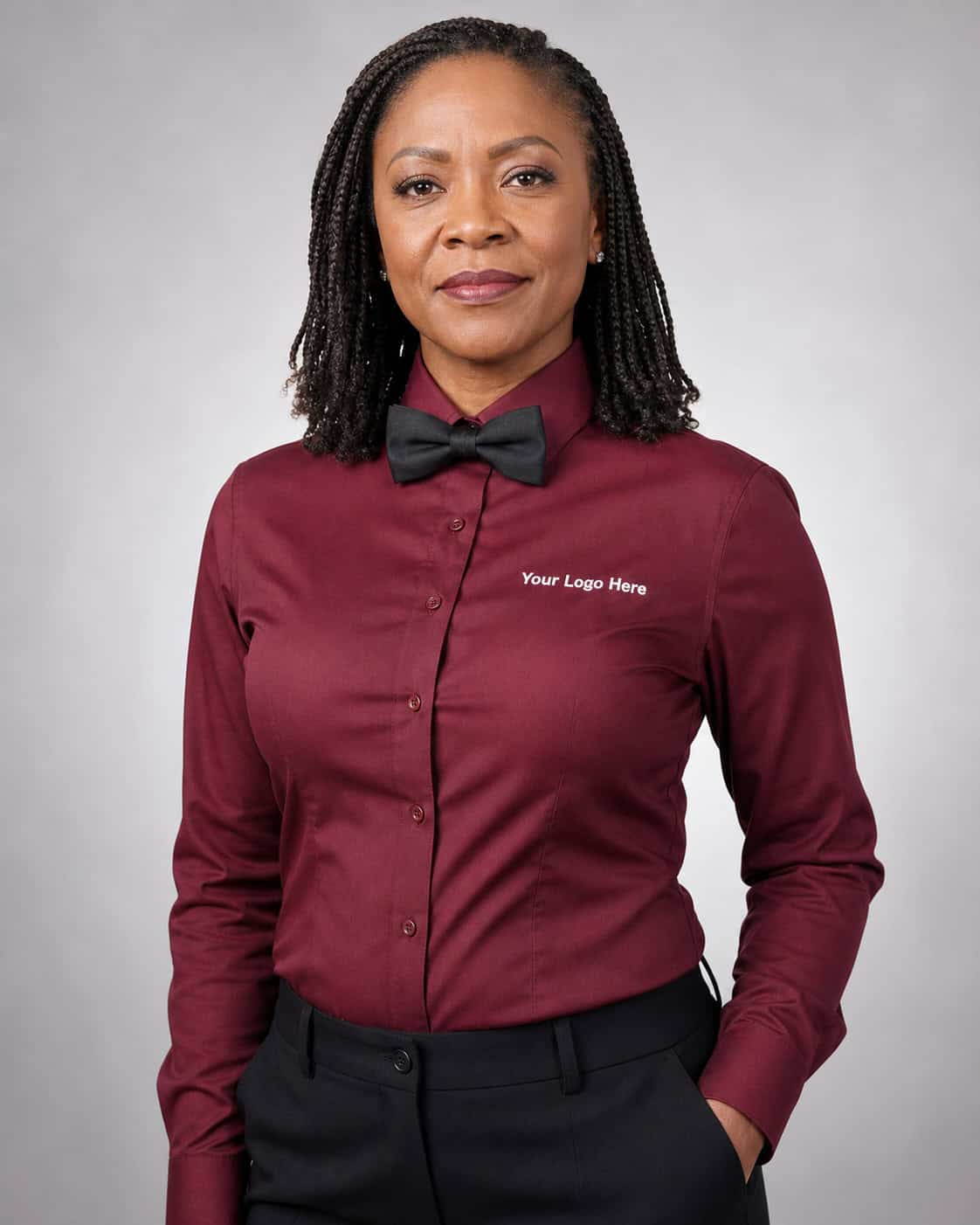 Burgundy Bow-Tie Hospitality Shirt – Women — Front of House Shirts