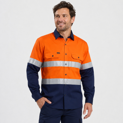 Orange & Navy Long Sleeve Work Shirt — Hi-Vis Shirts