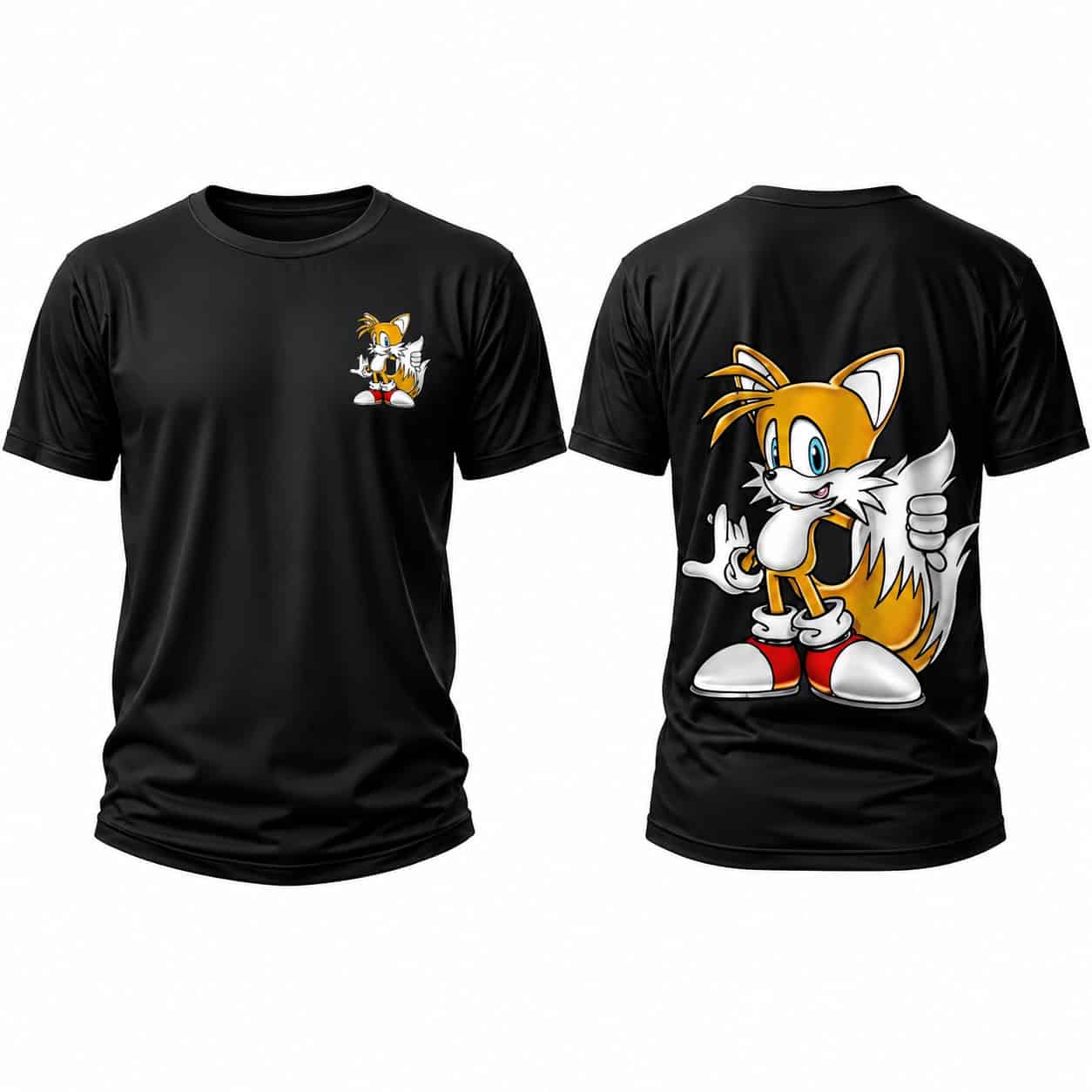 Cartoon Fox Character Front & Back Print T-Shirt – Black Graphic Tee — Tees