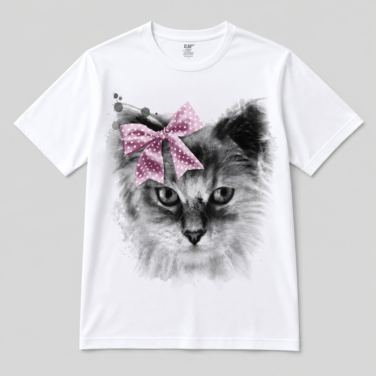 Pretty Kitty Pink Bow Watercolor Graphic T-Shirt — Ladies Tees
