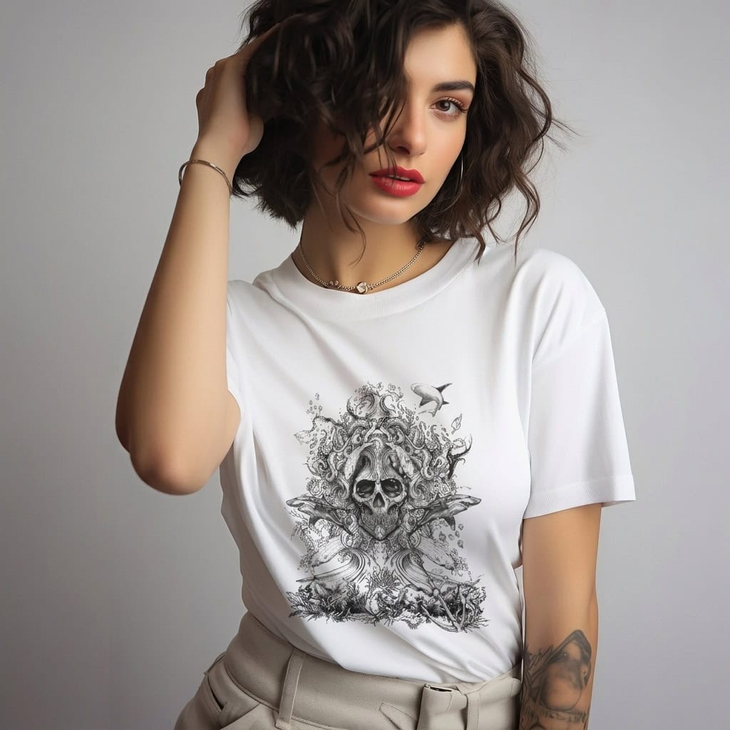Ocean Skull Etching Art Graphic T-Shirt — Event Tees