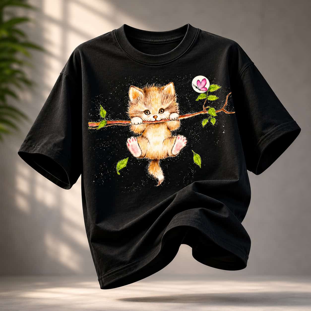 Hanging Kitten Branch Oversized Graphic T-Shirt — Black Edition — Tees