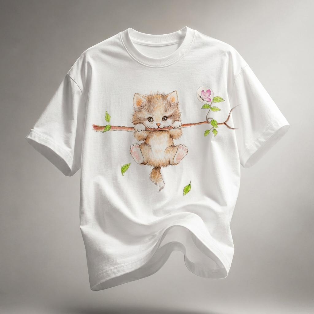 Hanging Kitten Branch Oversized Graphic T-Shirt — Tees