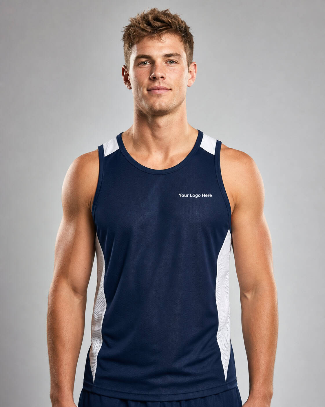 Navy and White Sports Singlet – Men — Singlets