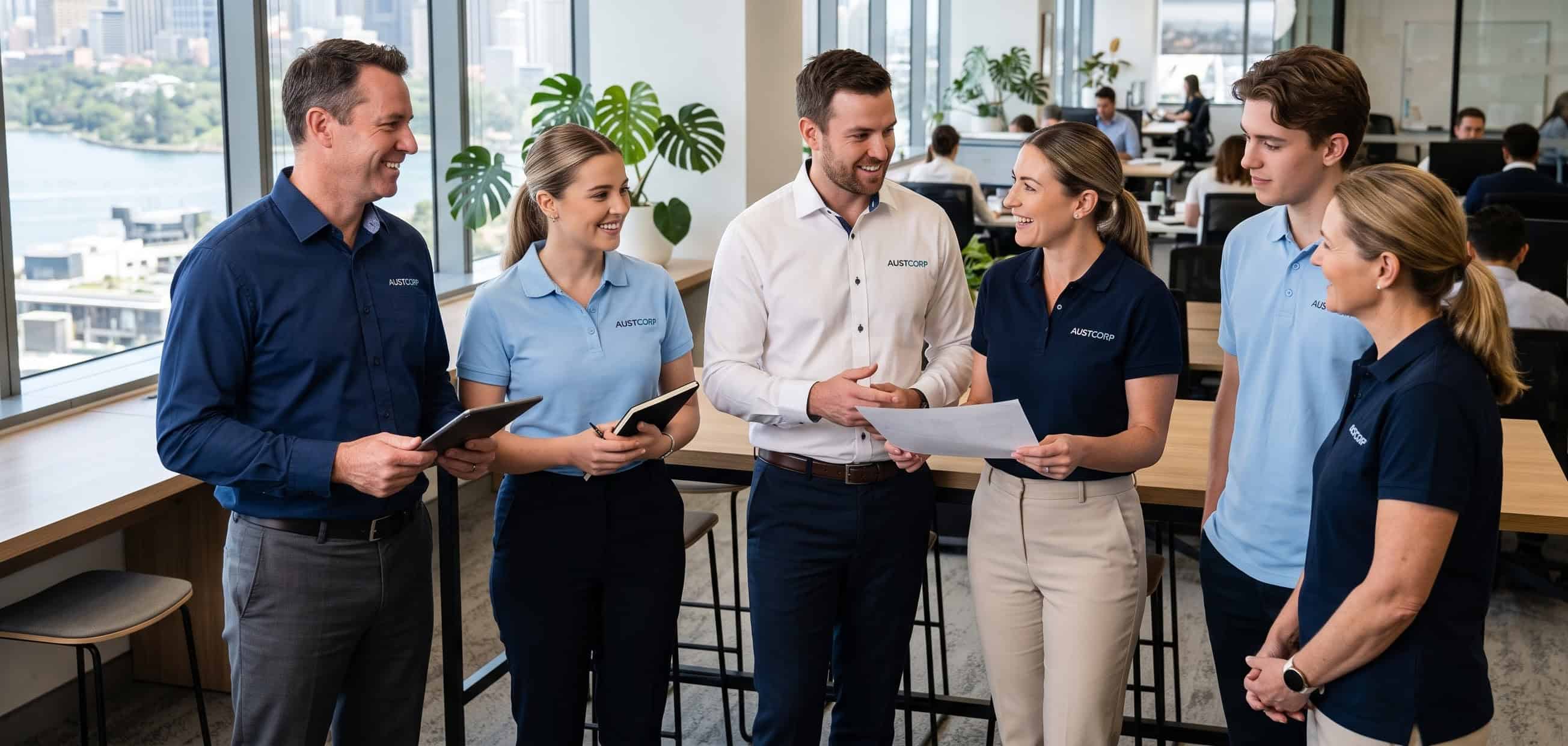 Office team in embroidered business shirts and polos