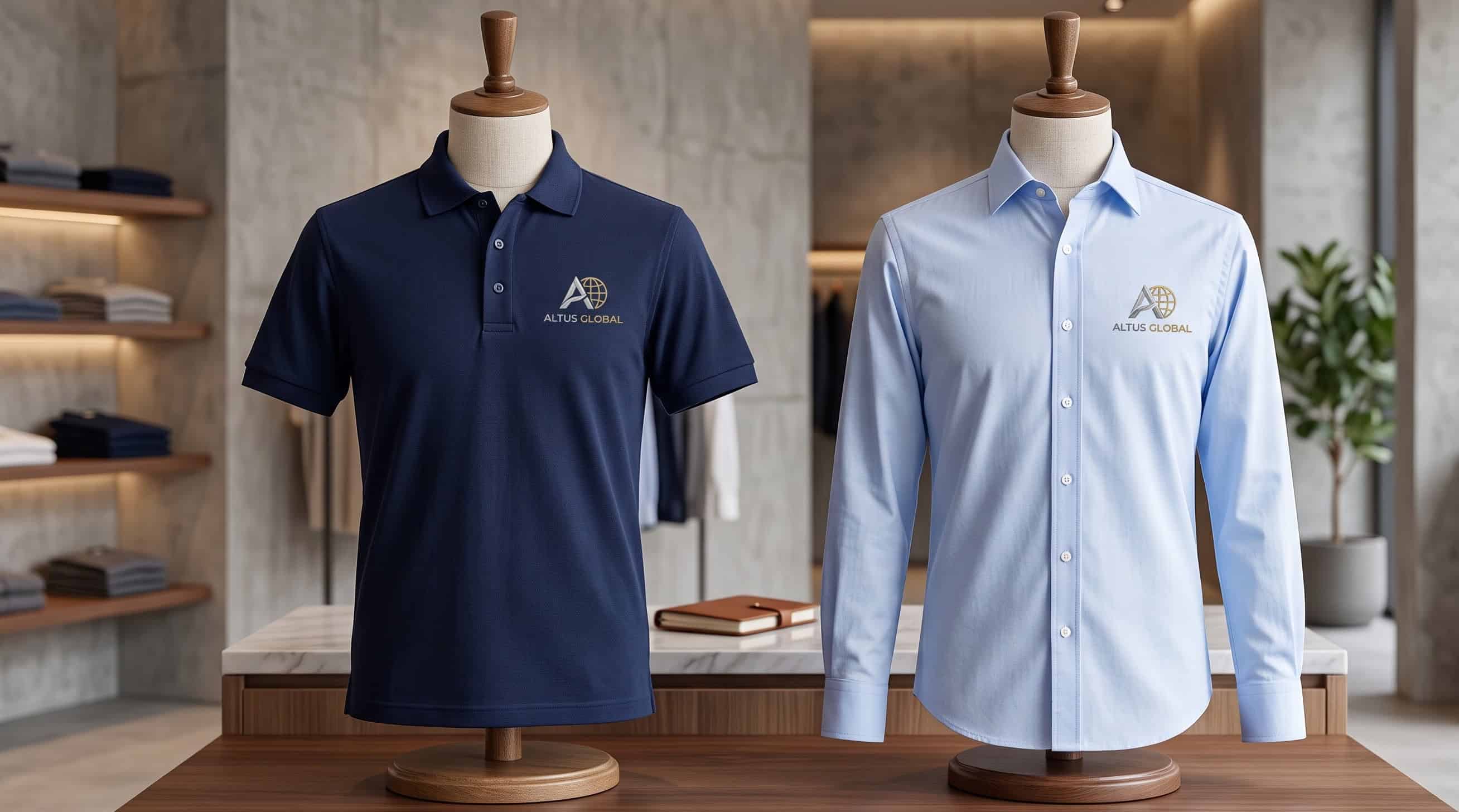 Embroidered corporate polo and business shirt side by side