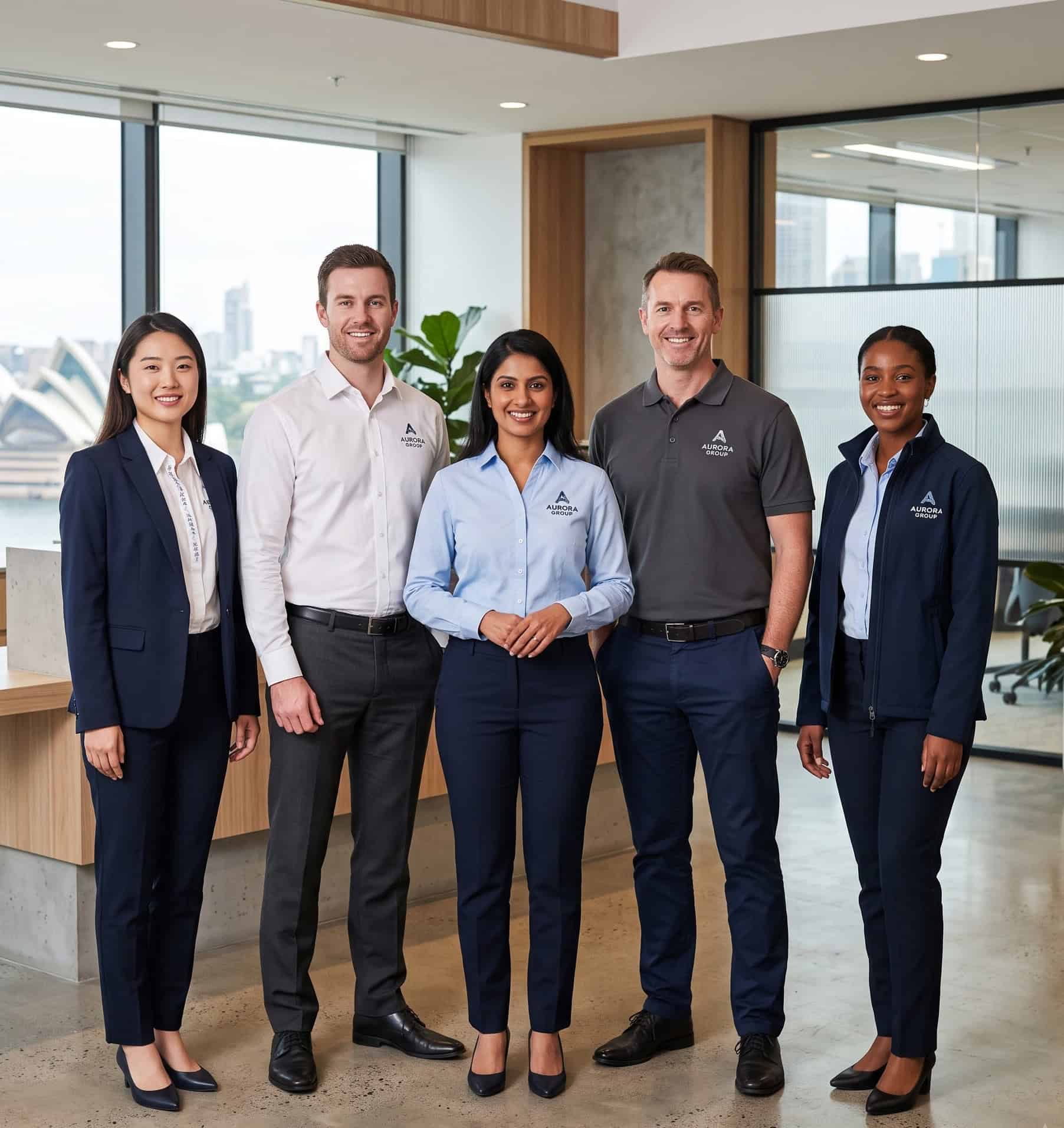 Office team in branded corporate polos