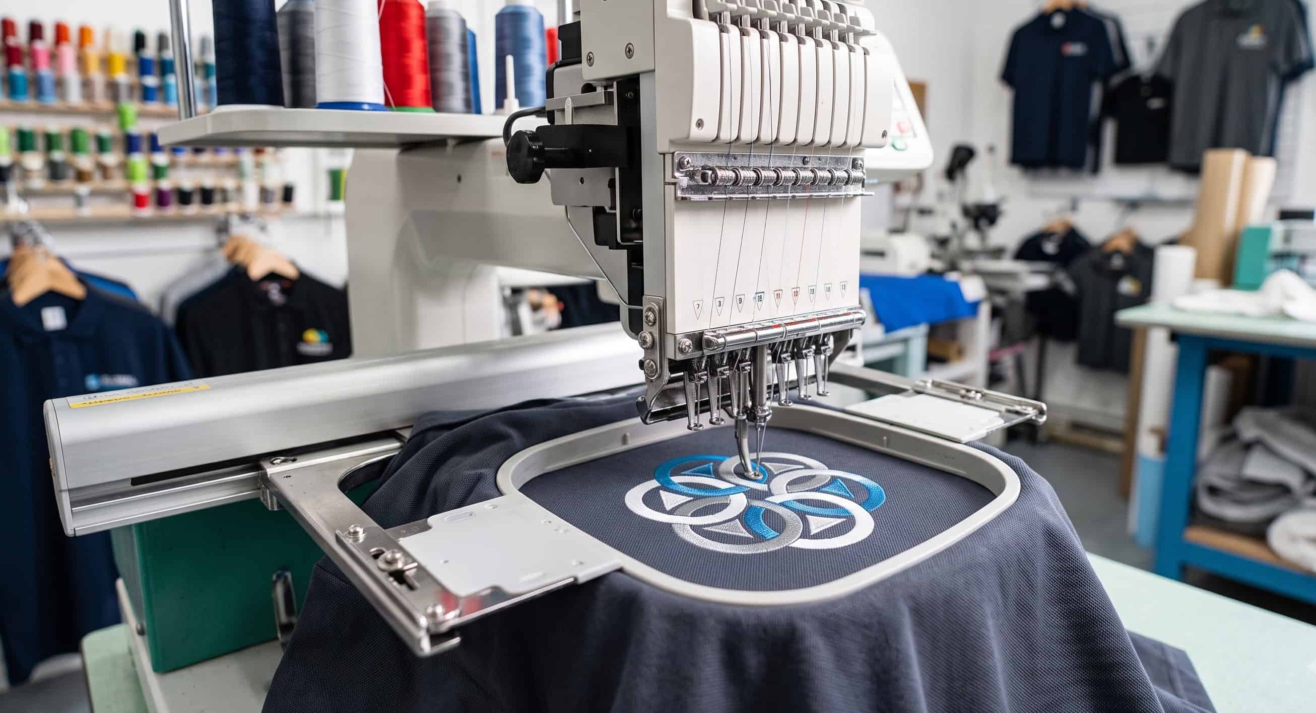 An embroidery machine stitching a logo onto a polo
