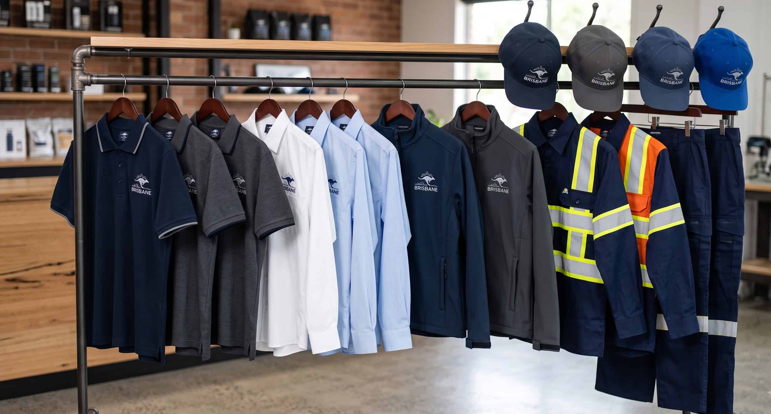 Rack of matching branded uniforms for a Brisbane business