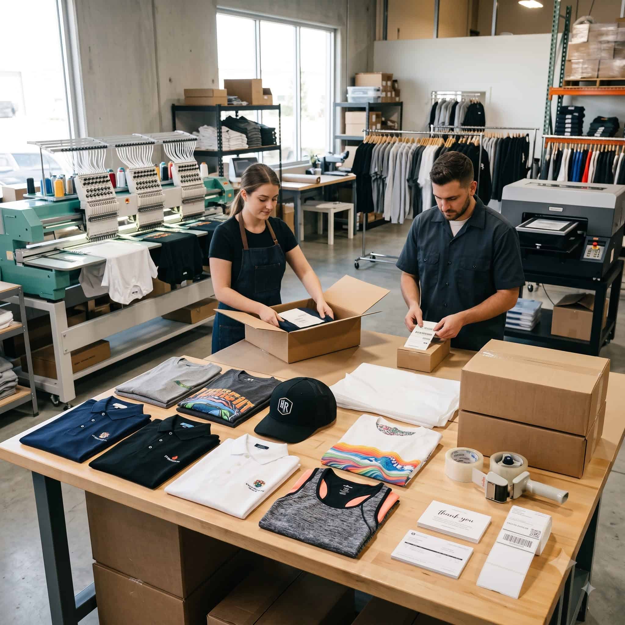 Embroidered and printed apparel packed white-label for dropship under a customer&rsquo;s own brand