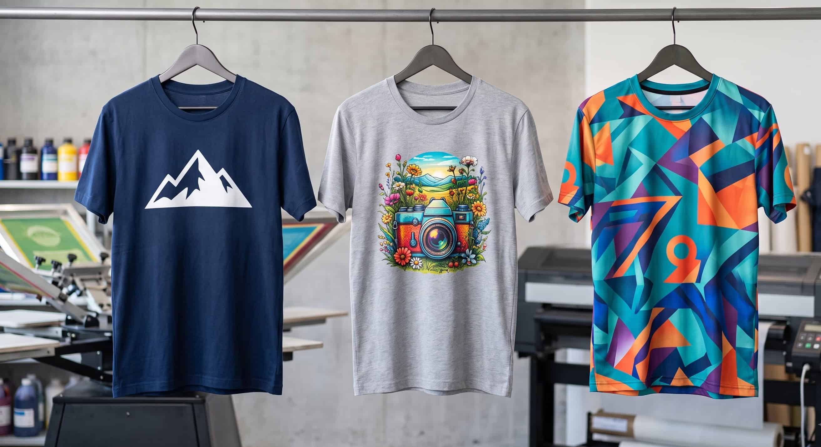 Three printed samples showing screen print, DTF and sublimation side by side