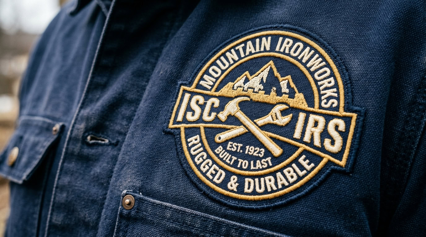 Close-up of an embroidered company logo stitched on a polo chest