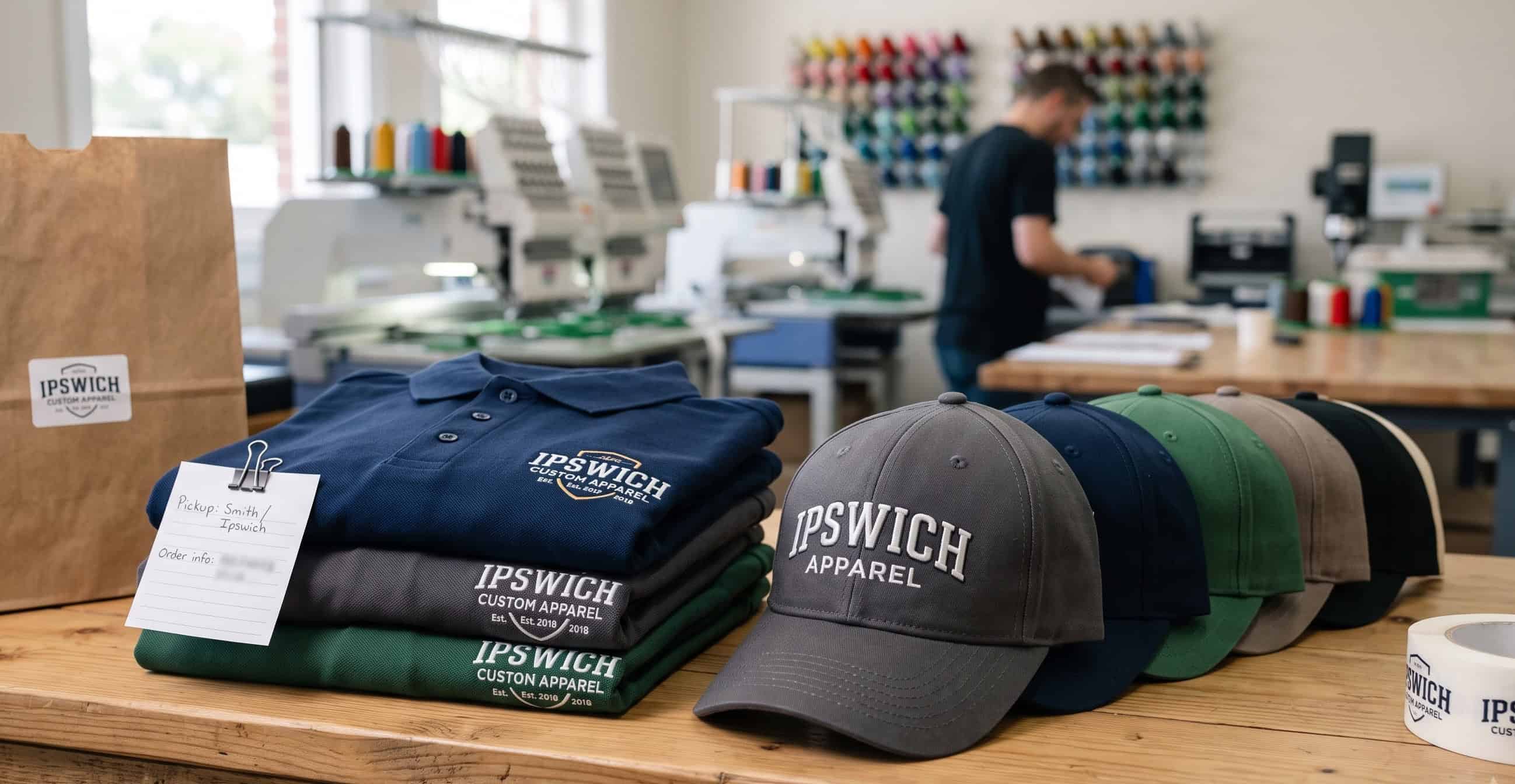 Embroidered caps and polos ready for pickup in Ipswich