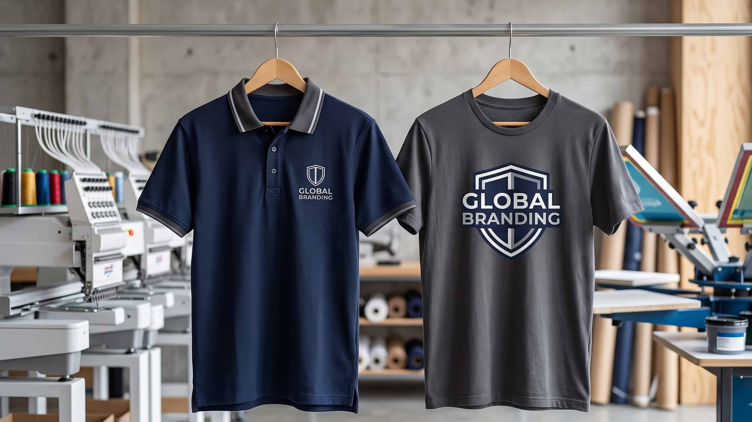 An embroidered polo next to a screen-printed t-shirt for comparison
