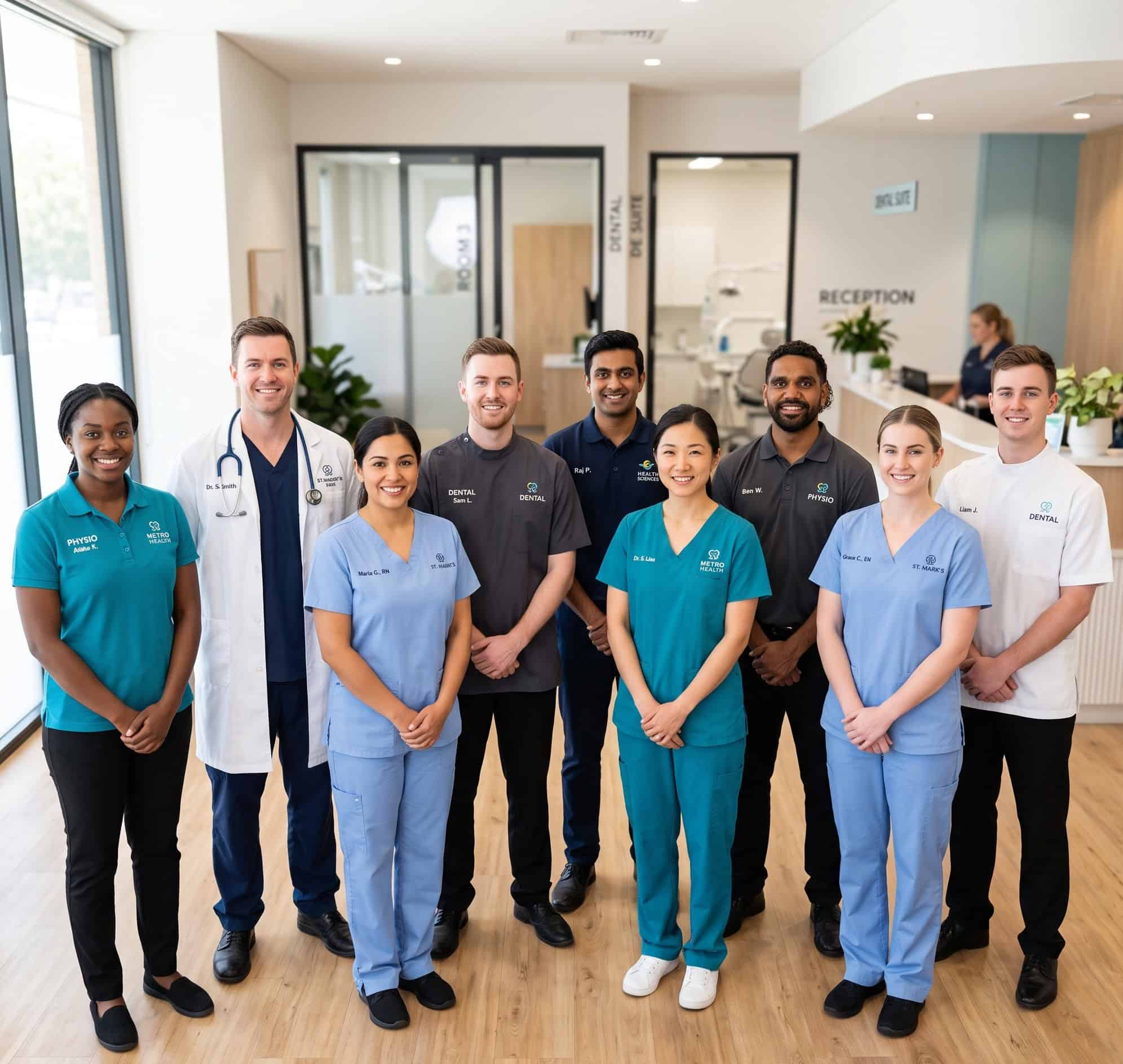 Clinic staff in embroidered healthcare scrubs and polos