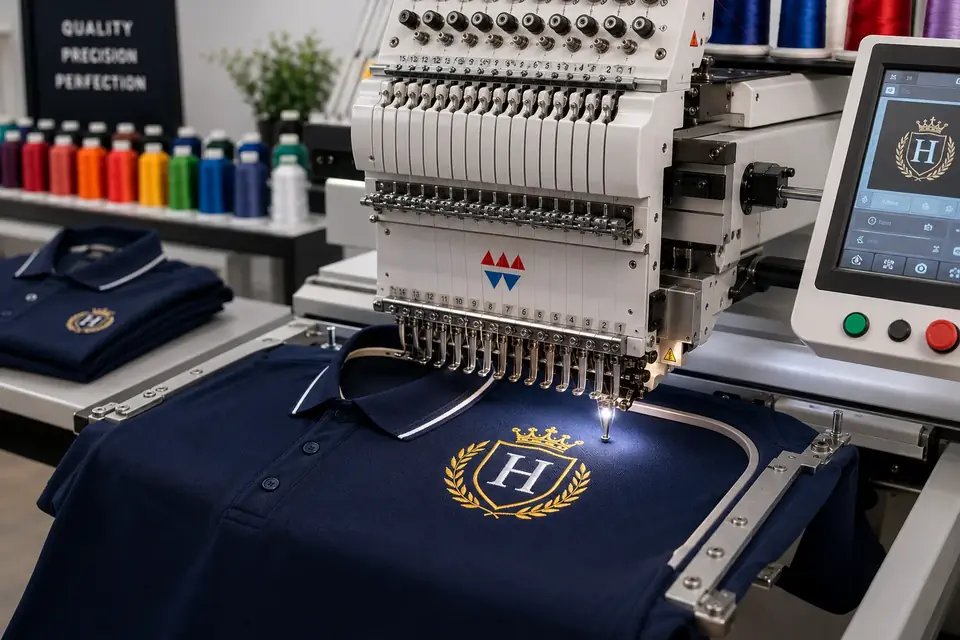 Embroidery machine stitching a company logo onto a navy polo