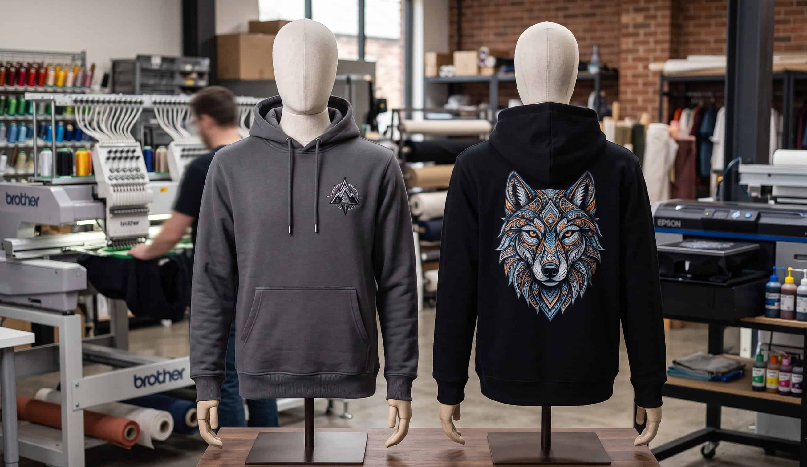 Embroidered chest logo and printed back on a custom hoodie