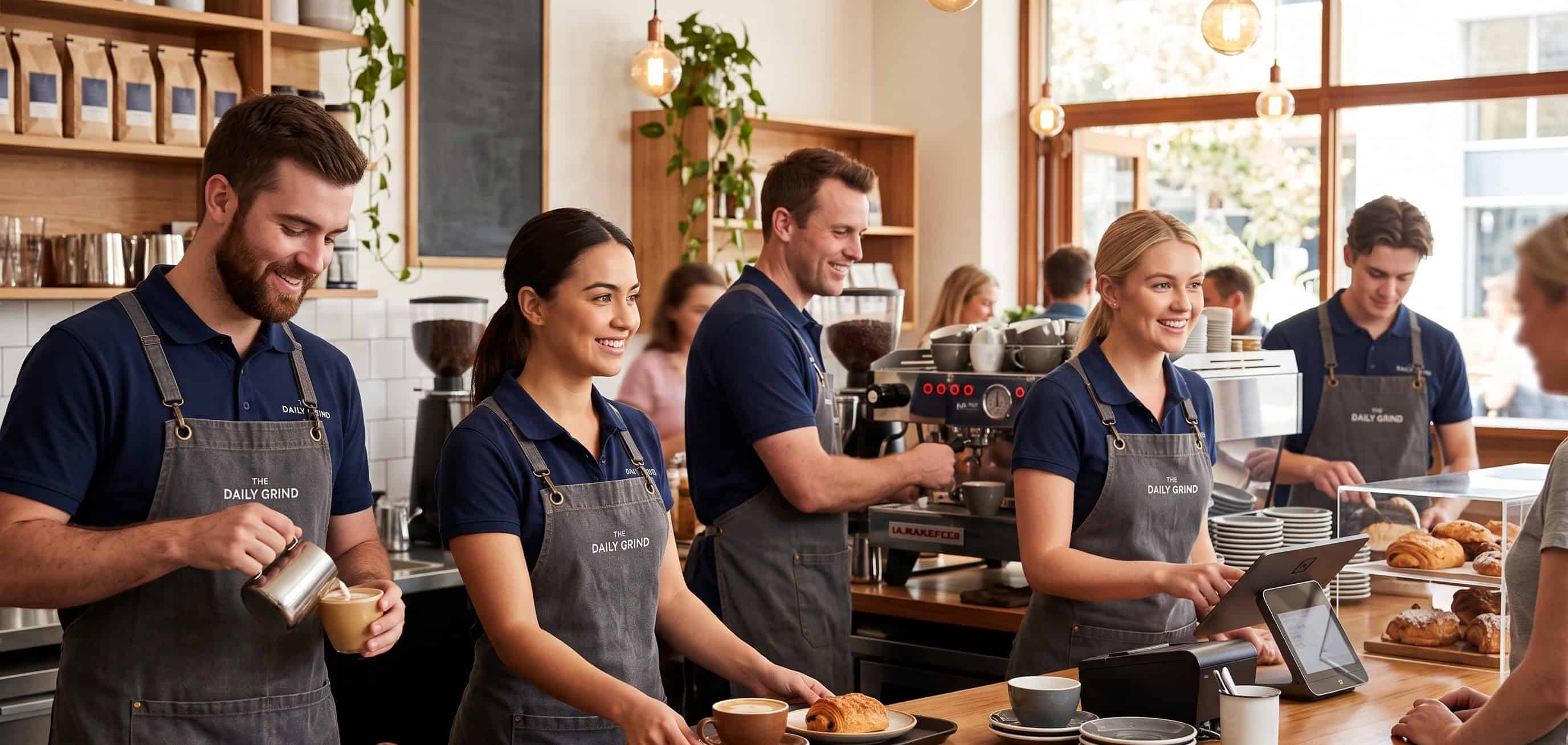 Cafe staff in branded aprons and polos behind a counter