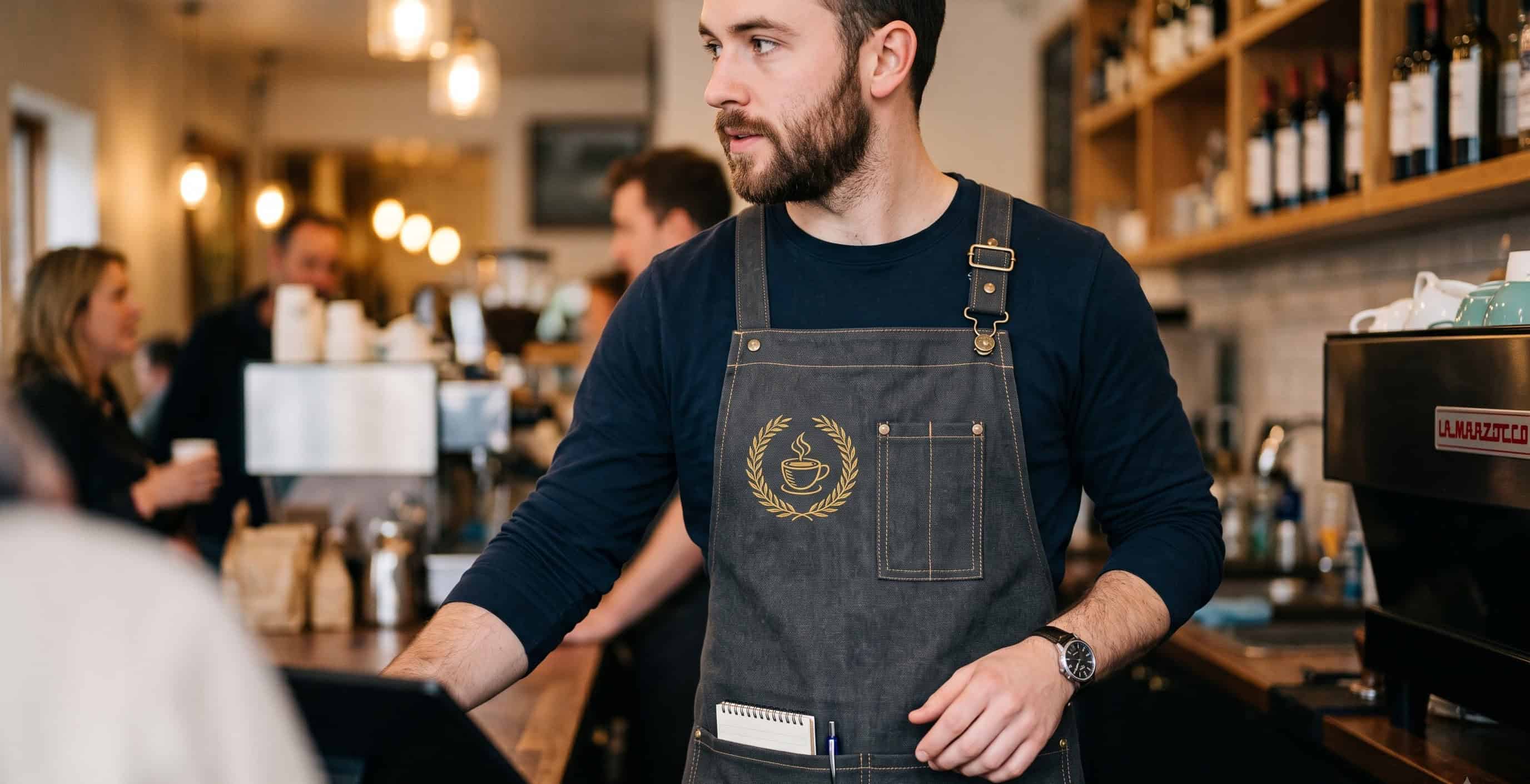 Bib apron with an embroidered cafe logo on the chest
