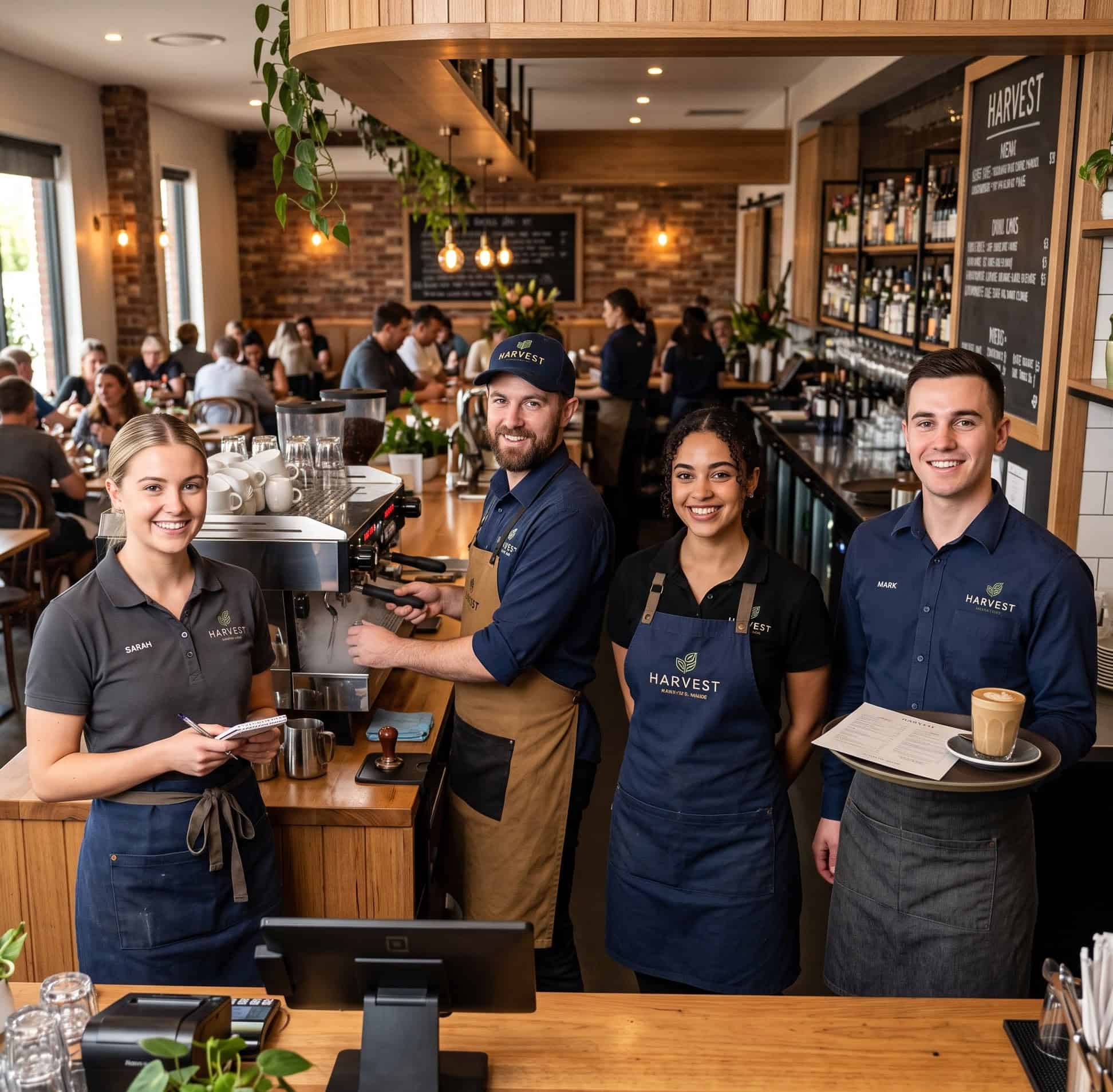 Cafe staff in branded hospitality aprons and polos