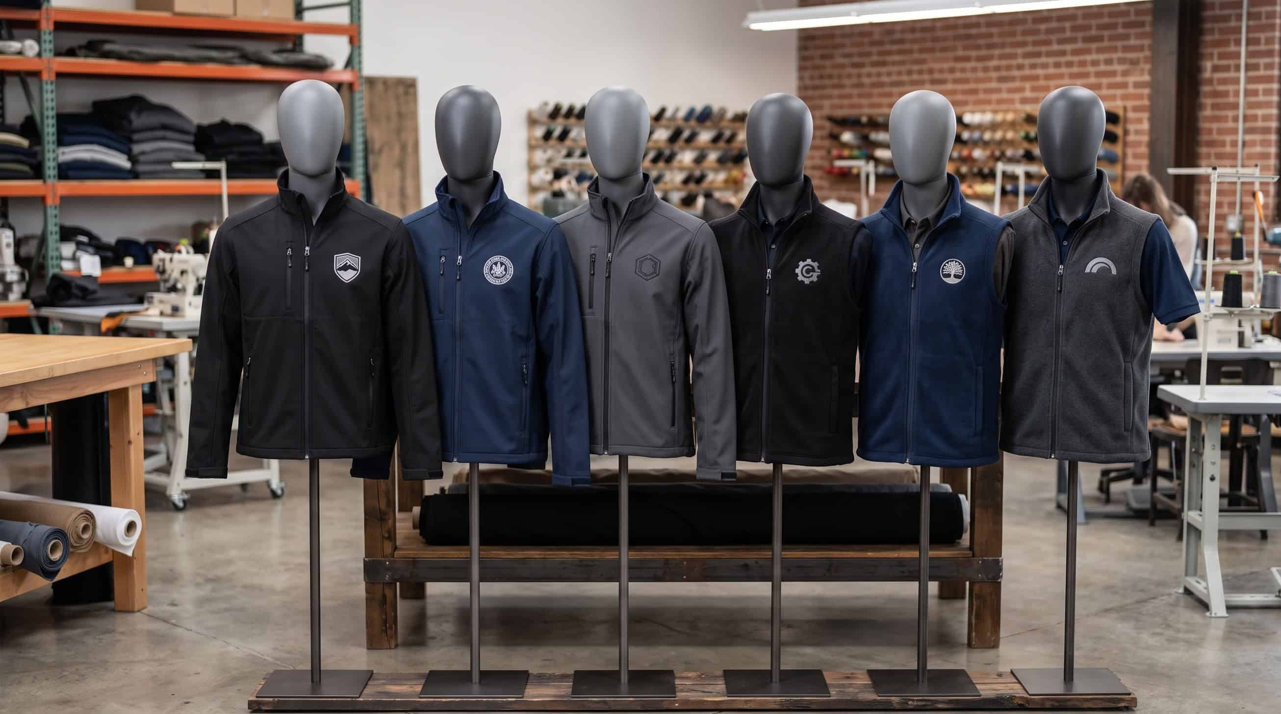 Branded softshell jackets and fleece vests with a chest logo