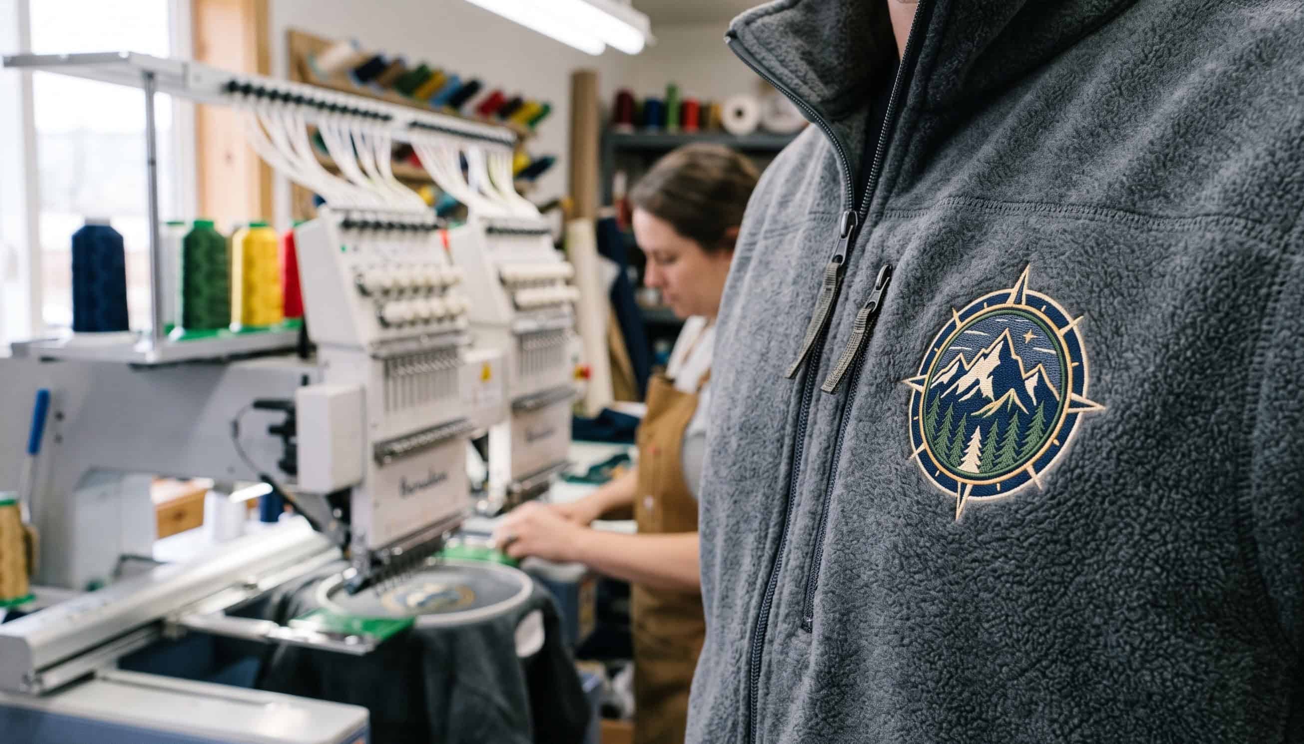 Embroidered logo on a fleece vest chest