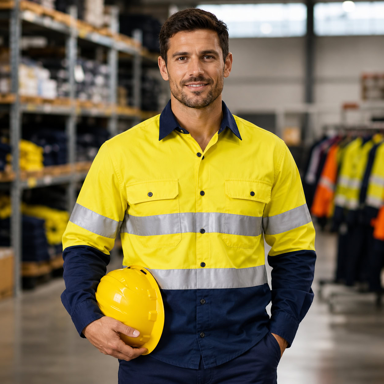 Rack of branded hi-vis work shirts