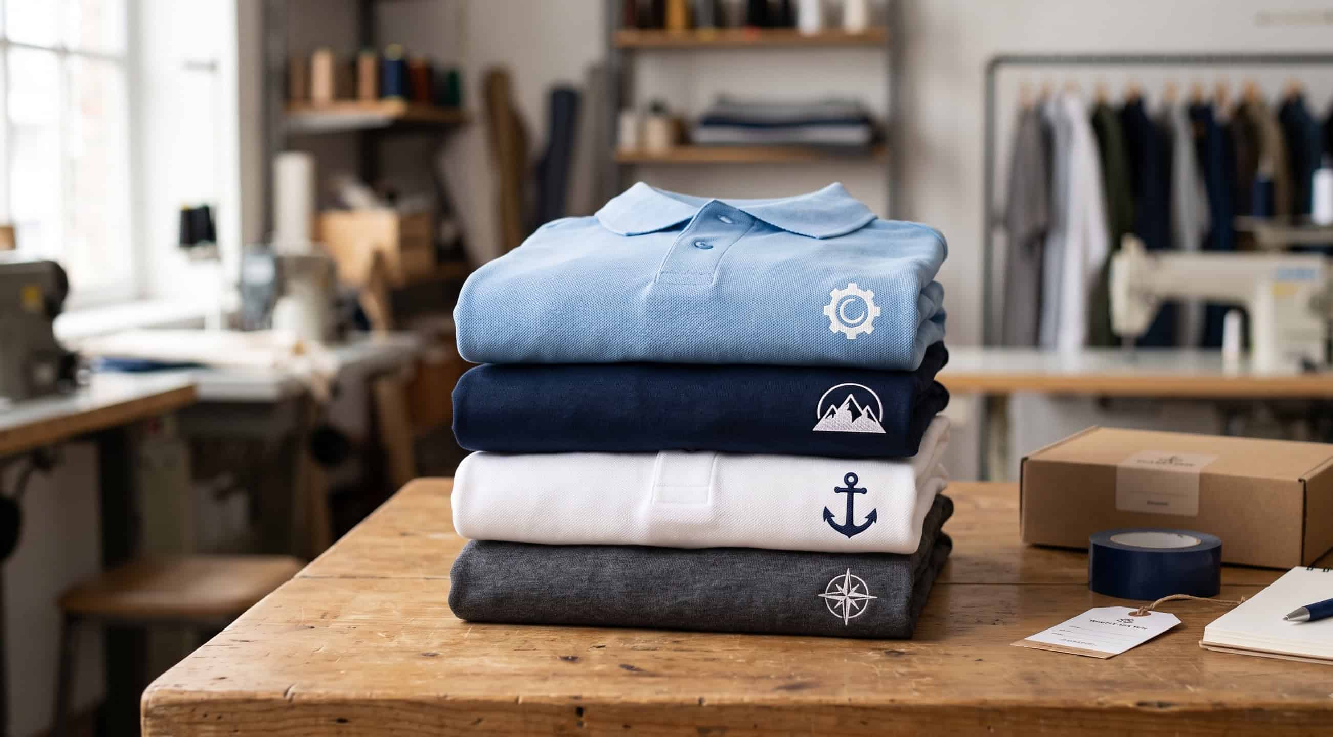 A small stack of branded shirts representing a minimum order