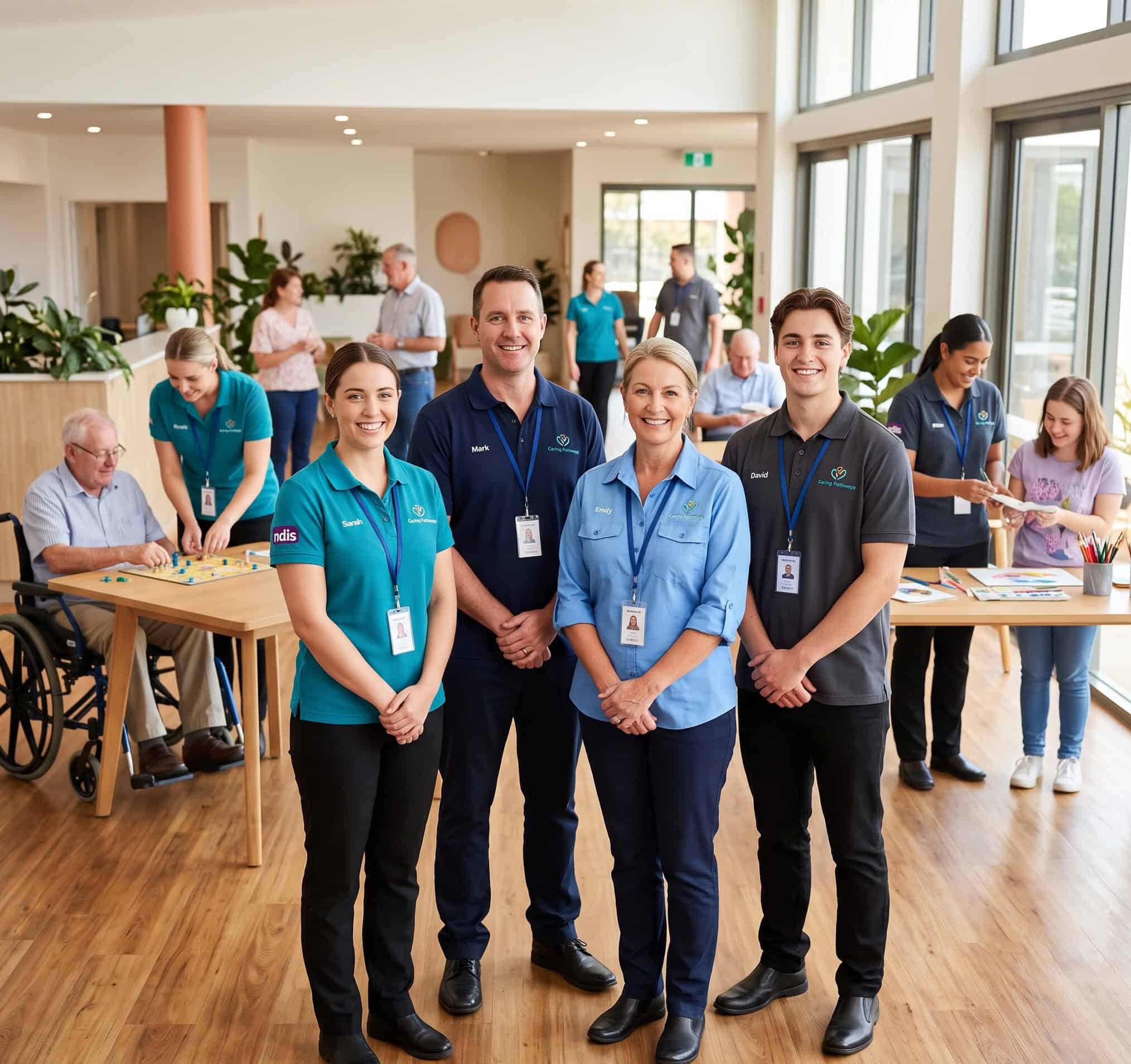 NDIS support worker in a comfortable branded polo