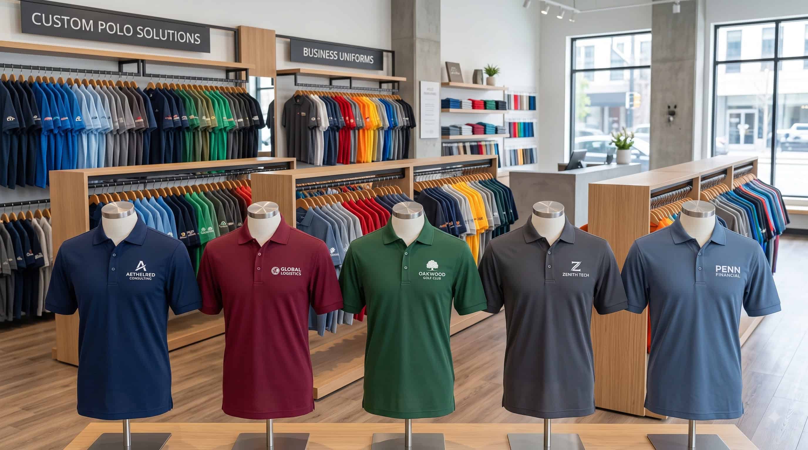 Range of custom polo shirts in different colours with a chest logo